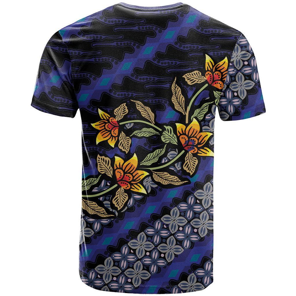 Indonesian Batik Motifs Pattern Floral Art Dark Blue T Shirt