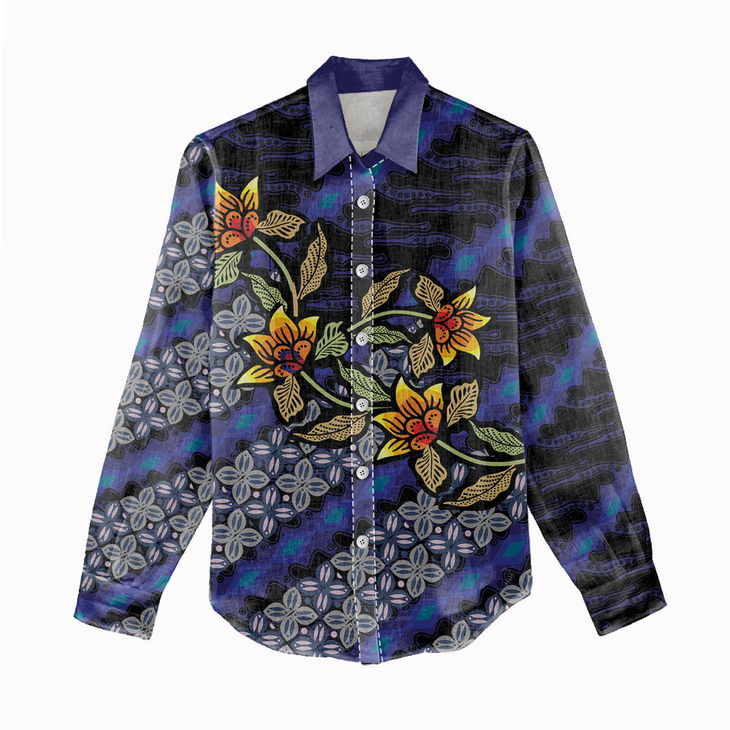 Indonesian Batik Motifs Pattern Floral Art Dark Blue Women Casual Shirt