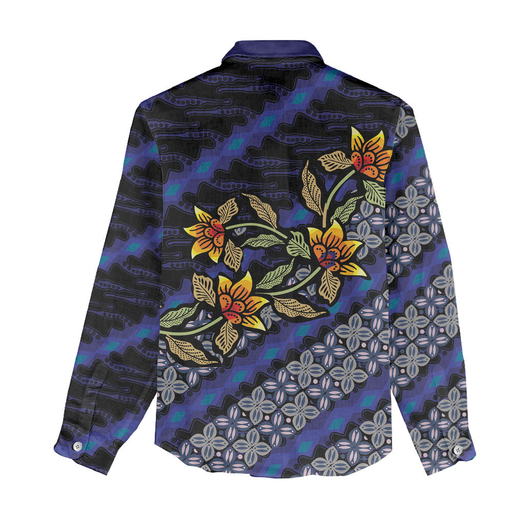 Indonesian Batik Motifs Pattern Floral Art Dark Blue Women Casual Shirt