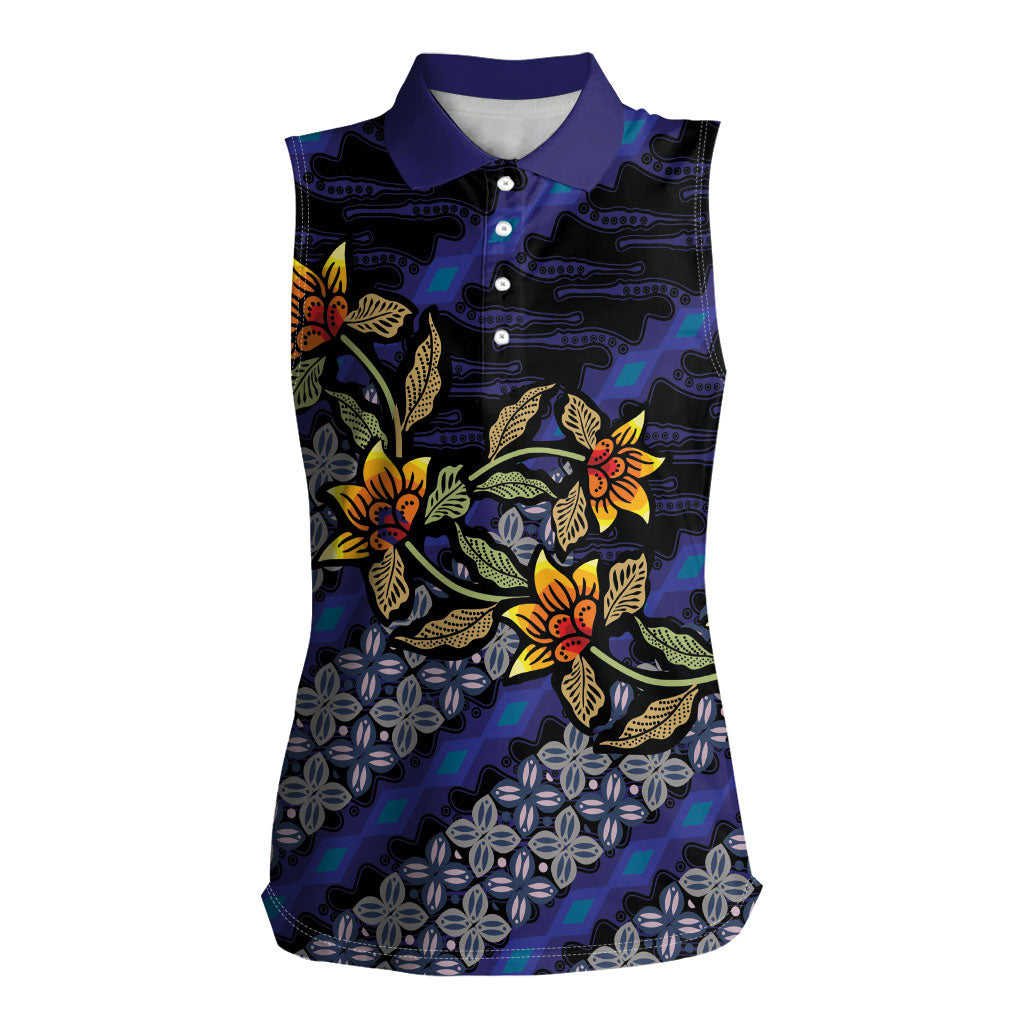 Indonesian Batik Motifs Pattern Floral Art Dark Blue Women Sleeveless Polo Shirt