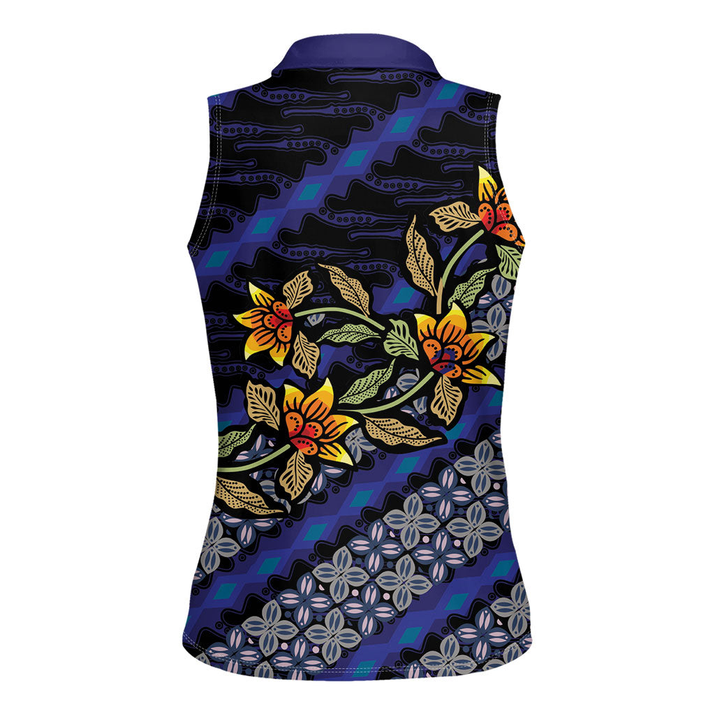 Indonesian Batik Motifs Pattern Floral Art Dark Blue Women Sleeveless Polo Shirt