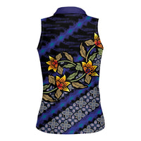 Indonesian Batik Motifs Pattern Floral Art Dark Blue Women Sleeveless Polo Shirt