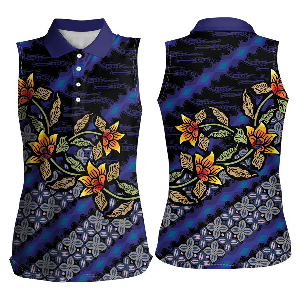 Indonesian Batik Motifs Pattern Floral Art Dark Blue Women Sleeveless Polo Shirt