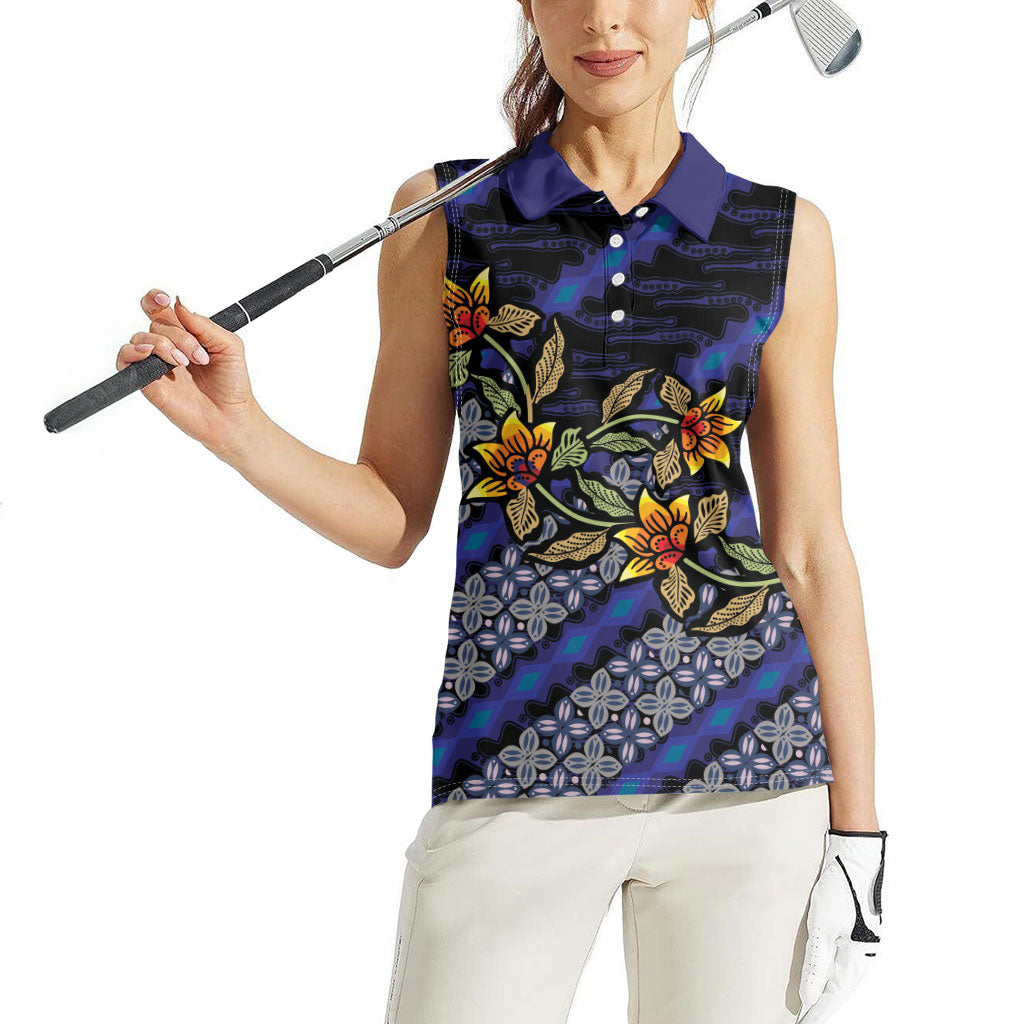 Indonesian Batik Motifs Pattern Floral Art Dark Blue Women Sleeveless Polo Shirt