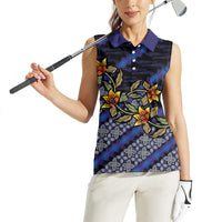 Indonesian Batik Motifs Pattern Floral Art Dark Blue Women Sleeveless Polo Shirt