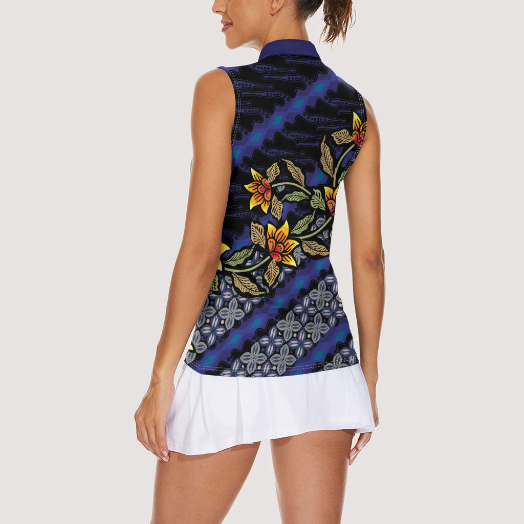 Indonesian Batik Motifs Pattern Floral Art Dark Blue Women Sleeveless Polo Shirt