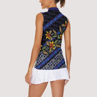Indonesian Batik Motifs Pattern Floral Art Dark Blue Women Sleeveless Polo Shirt