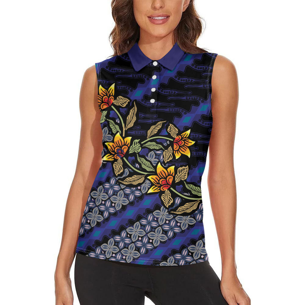 Indonesian Batik Motifs Pattern Floral Art Dark Blue Women Sleeveless Polo Shirt