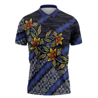 Indonesian Batik Motifs Pattern Floral Art Dark Blue Zipper Polo Shirt