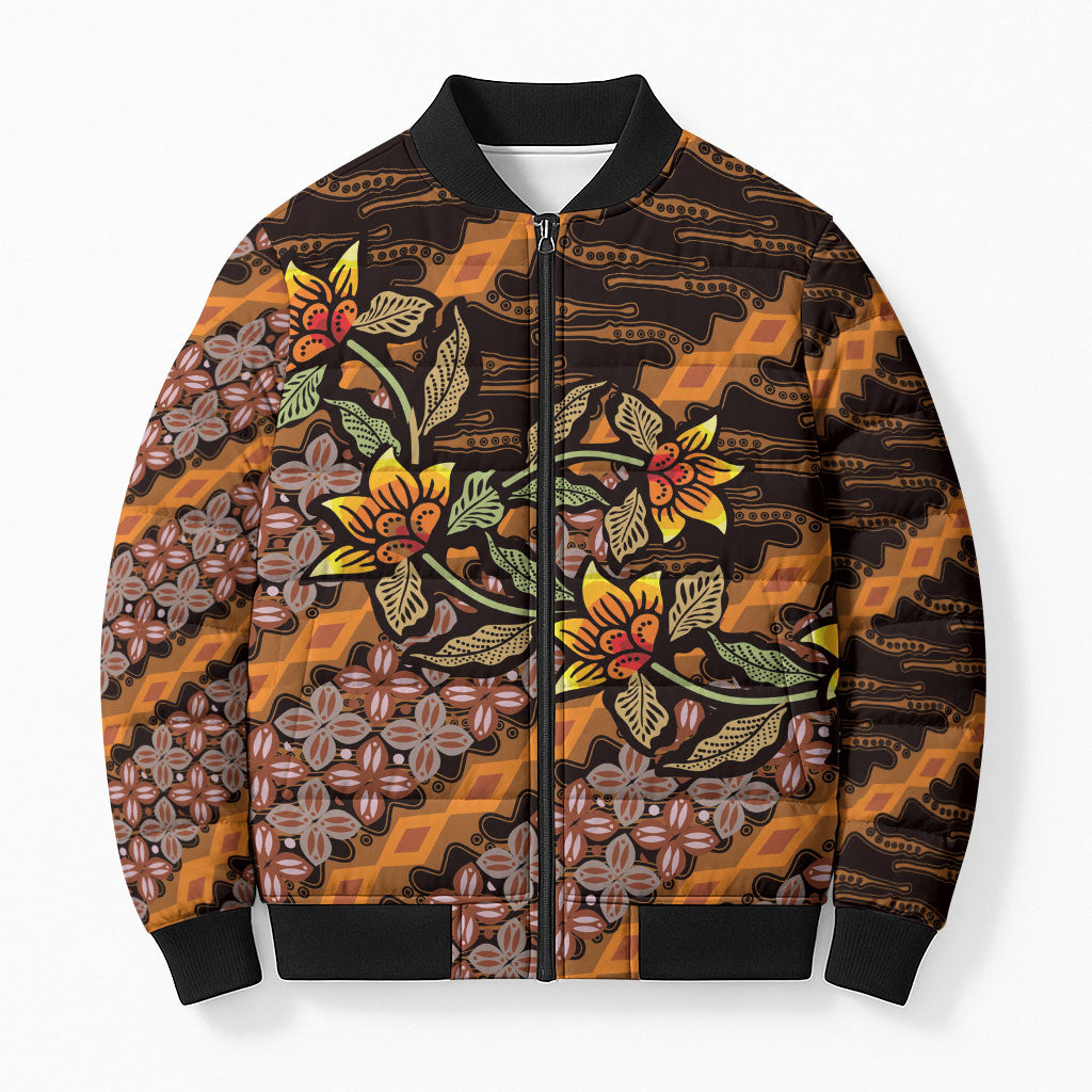 Indonesian Batik Motifs Pattern Floral Art Orange Bomber Puffer Jacket