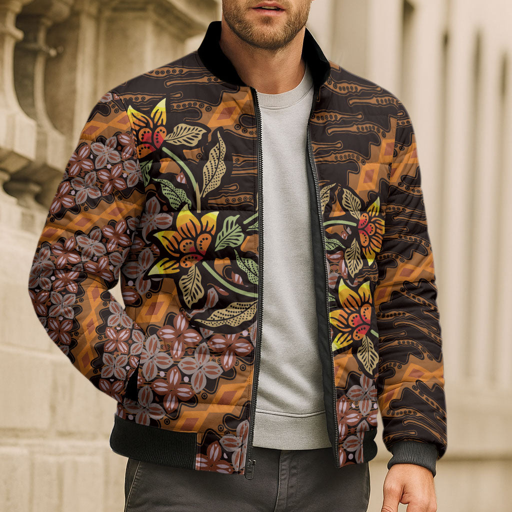Indonesian Batik Motifs Pattern Floral Art Orange Bomber Puffer Jacket