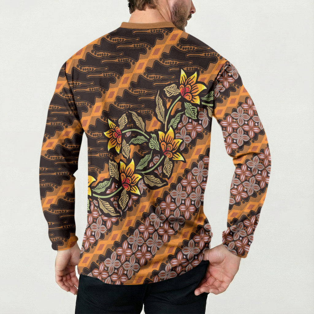 Indonesian Batik Motifs Pattern Floral Art Orange Button Sweatshirt