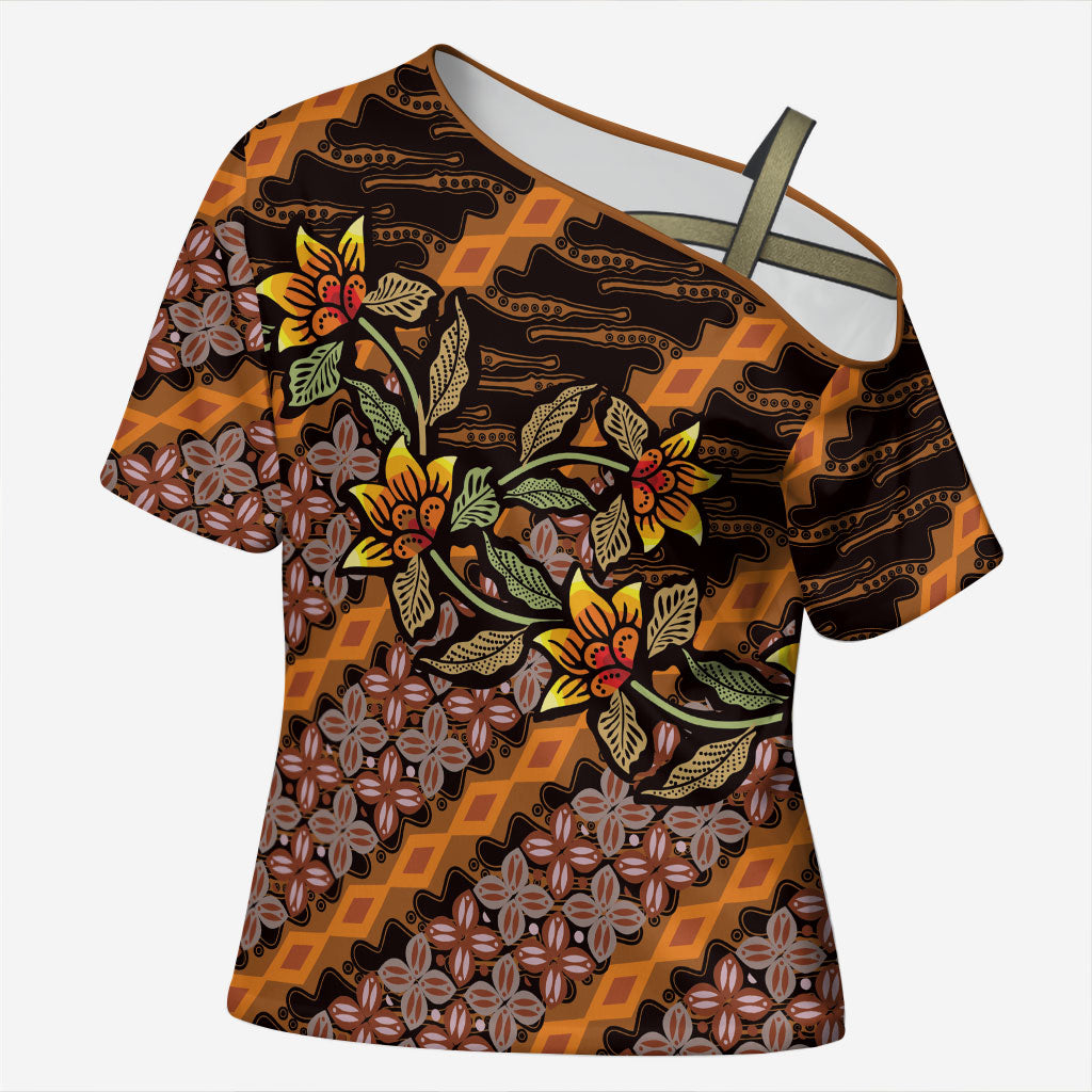 Indonesian Batik Motifs Pattern Floral Art Orange Cross Shoulder Shirt