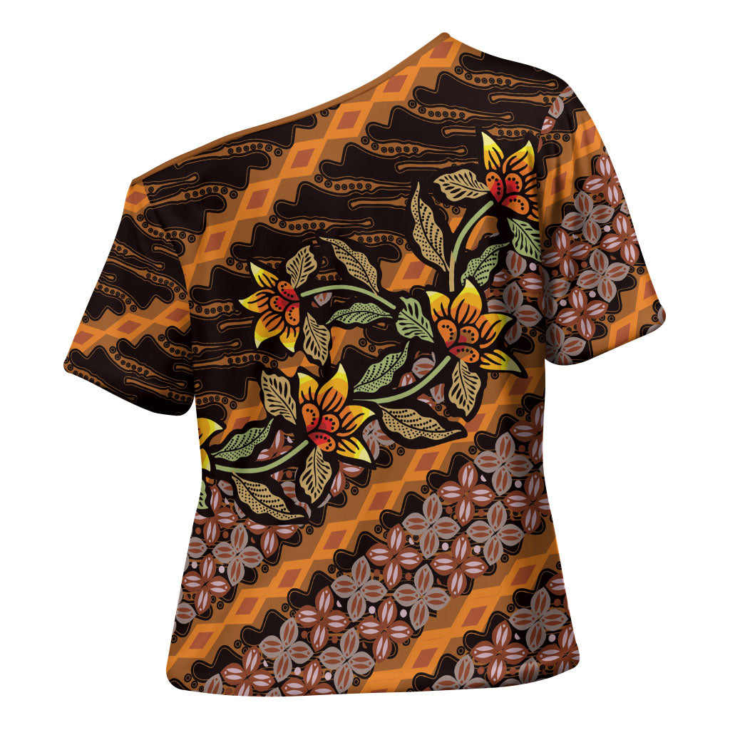 Indonesian Batik Motifs Pattern Floral Art Orange Cross Shoulder Shirt