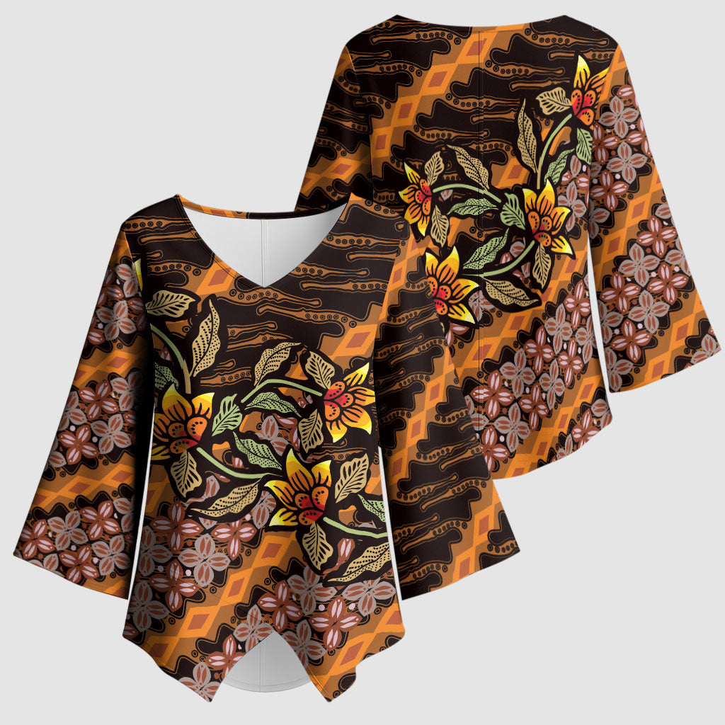 Indonesian Batik Motifs Pattern Floral Art Orange Kimono Sleeve Blouse