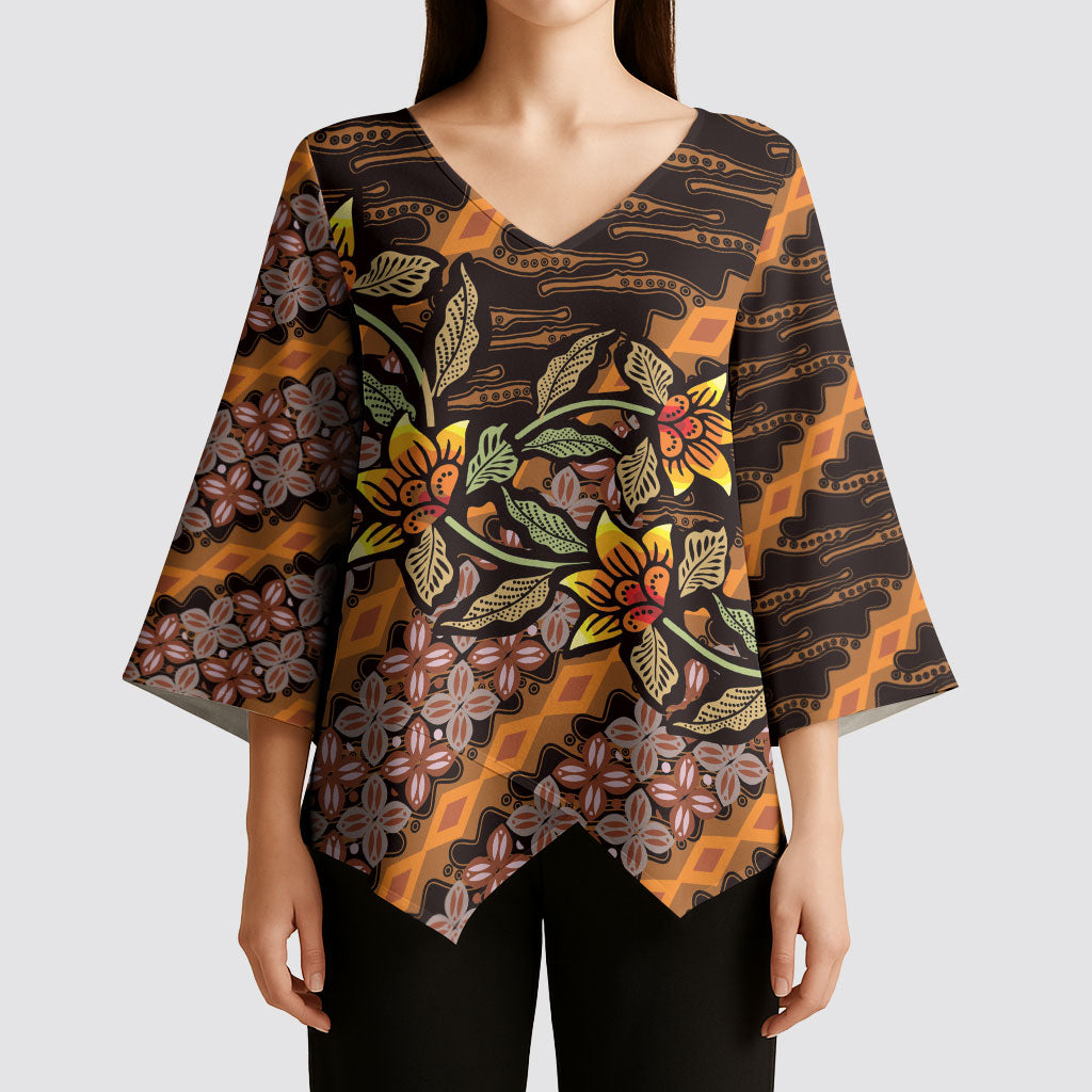 Indonesian Batik Motifs Pattern Floral Art Orange Kimono Sleeve Blouse