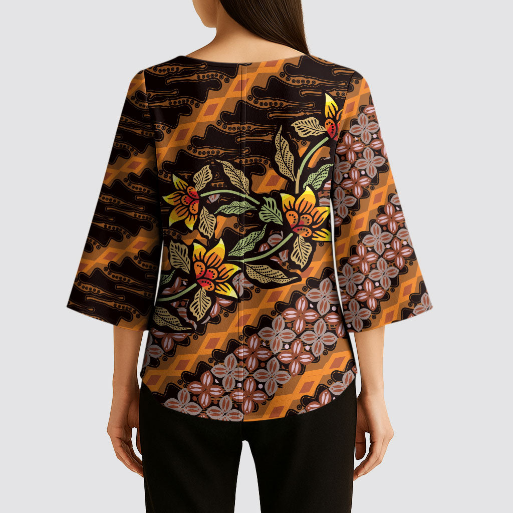 Indonesian Batik Motifs Pattern Floral Art Orange Kimono Sleeve Blouse