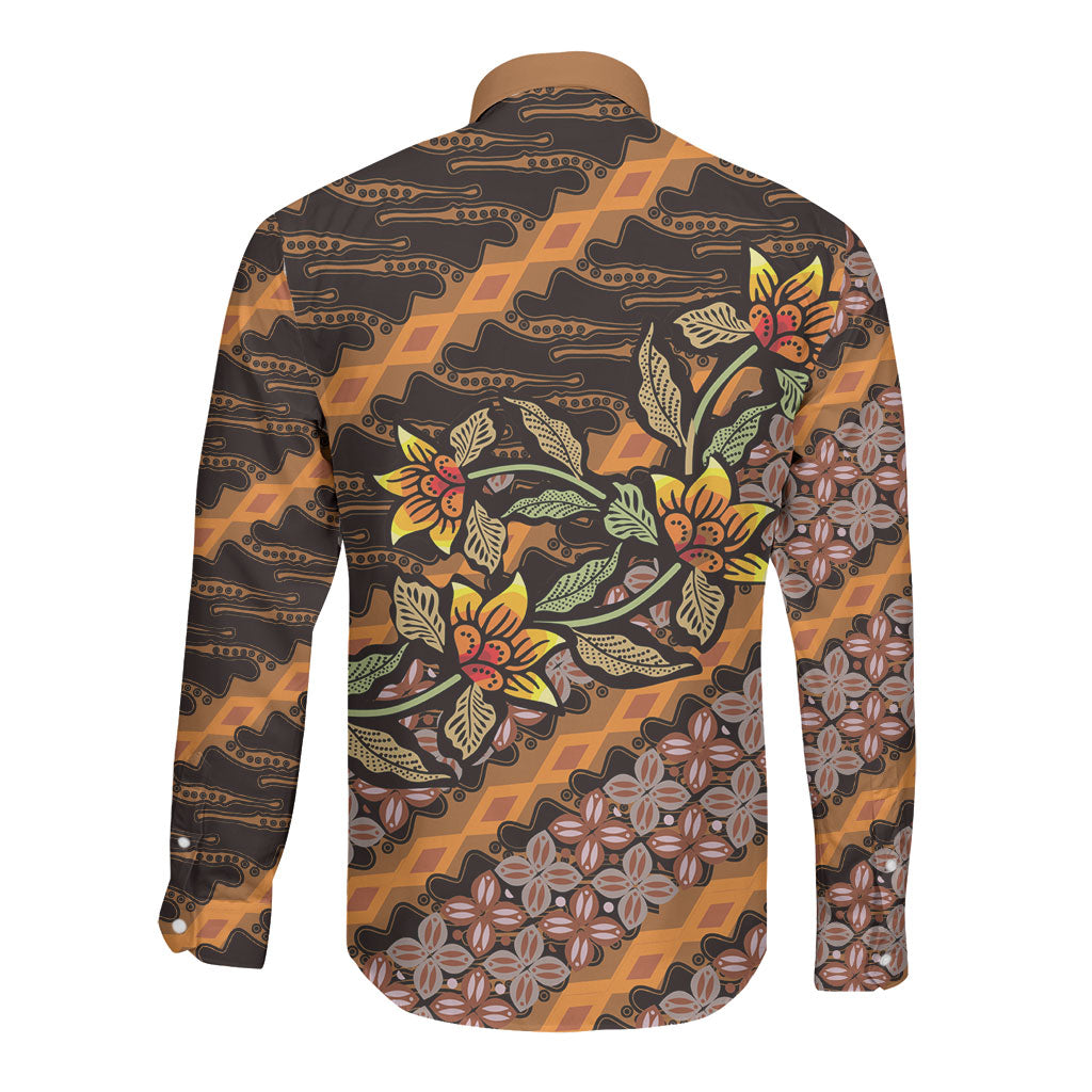 Indonesian Batik Motifs Pattern Floral Art Orange Long Sleeve Button Shirt