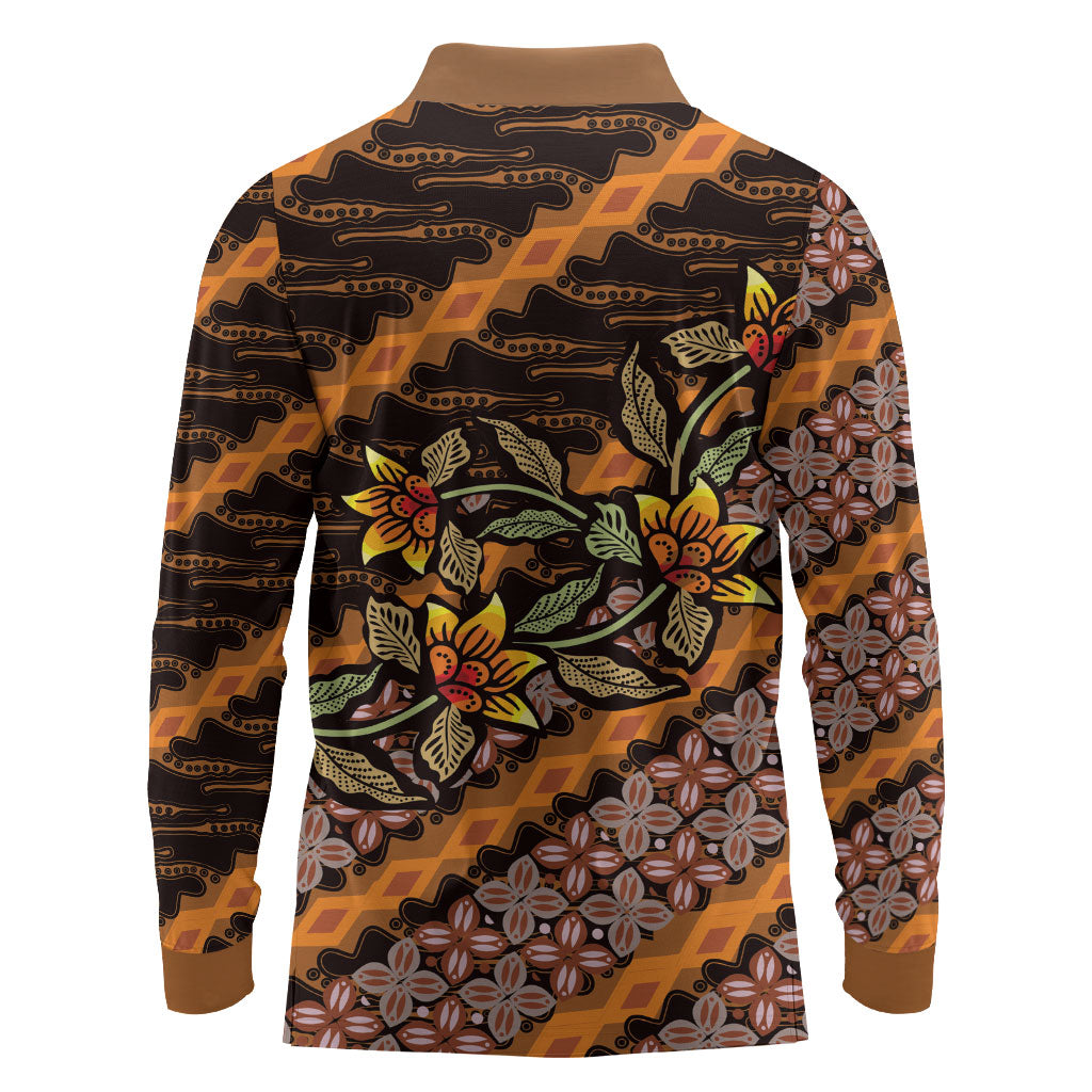Indonesian Batik Motifs Pattern Floral Art Orange Long Sleeve Polo Shirt