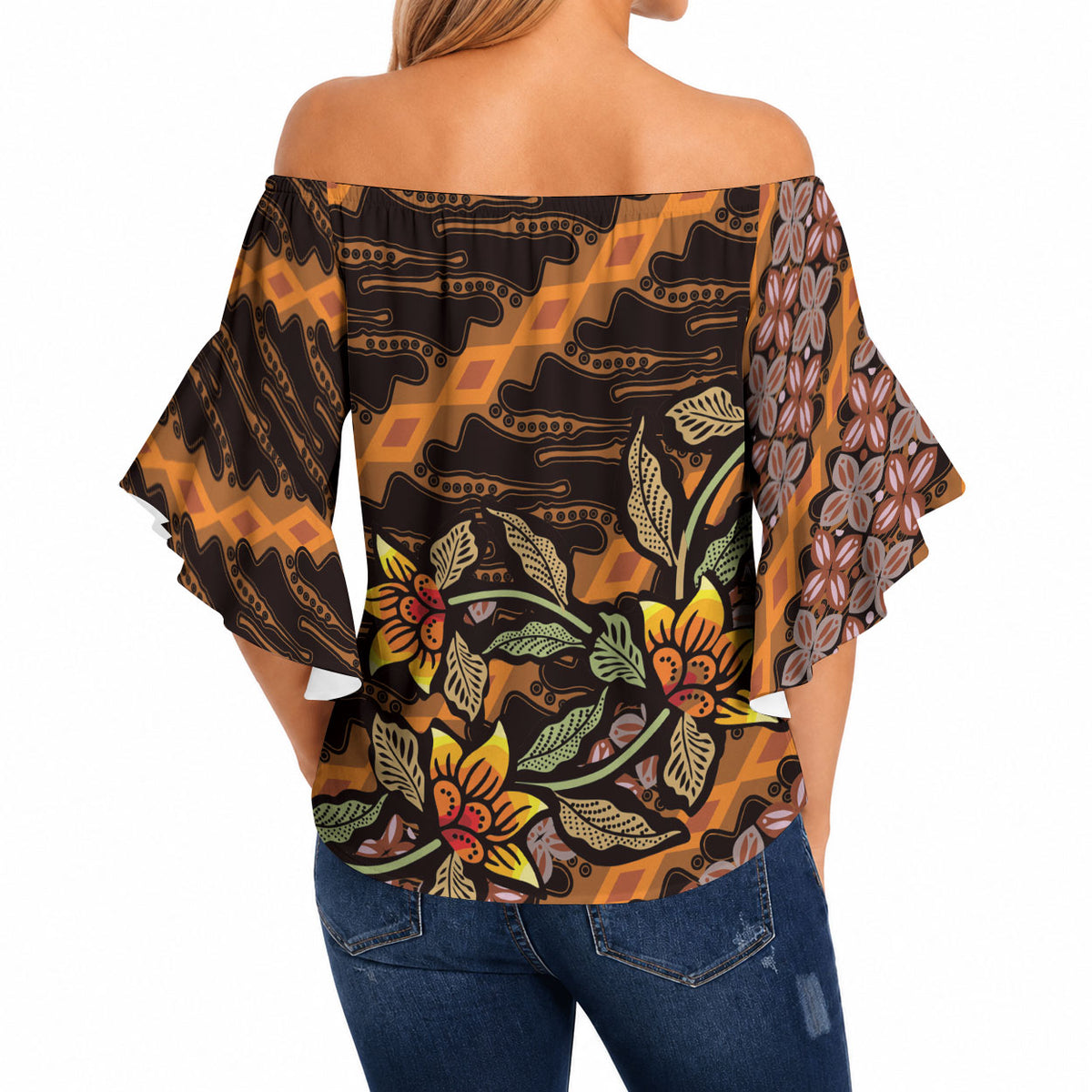 Indonesian Batik Motifs Pattern Floral Art Orange Off Shoulder Wrap Waist Top