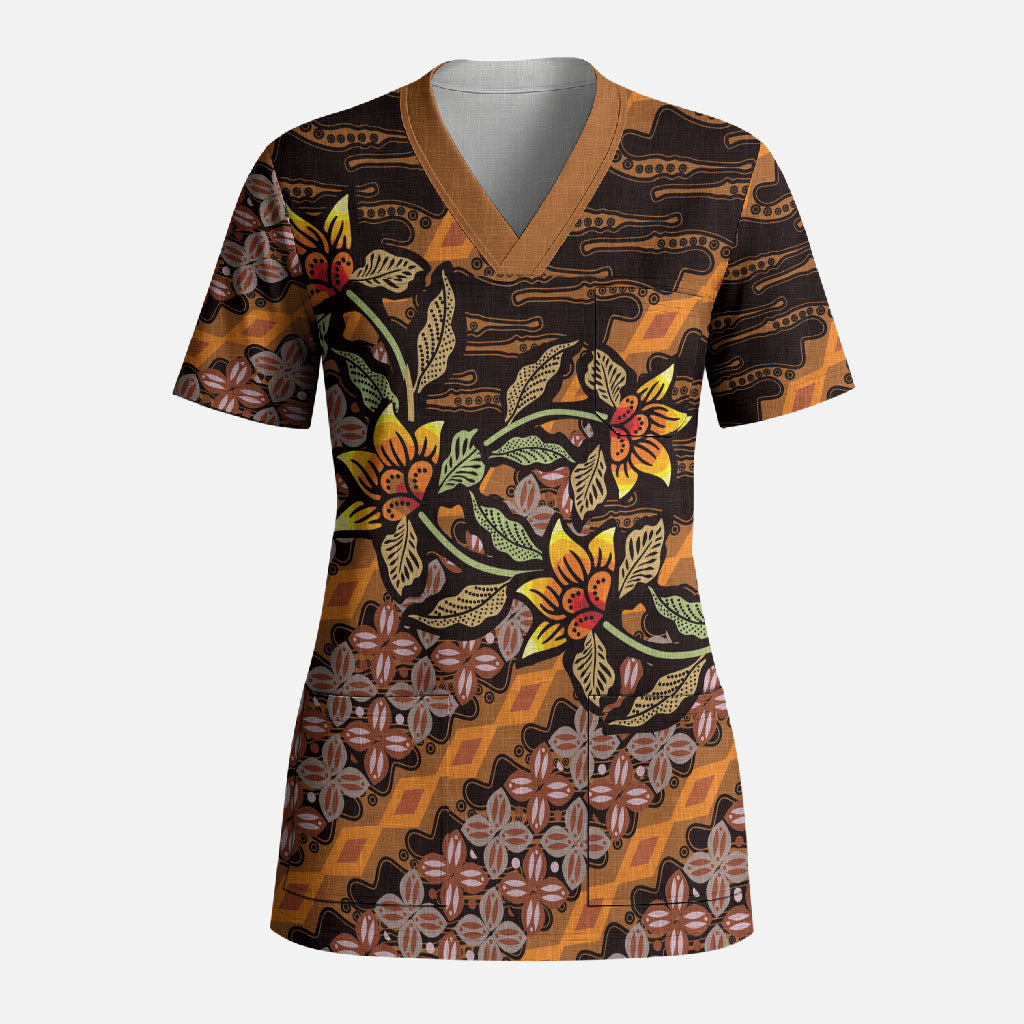 Indonesian Batik Motifs Pattern Floral Art Orange Scrub Top