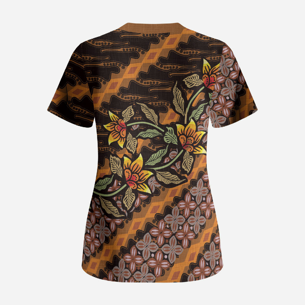 Indonesian Batik Motifs Pattern Floral Art Orange Scrub Top