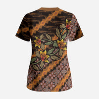 Indonesian Batik Motifs Pattern Floral Art Orange Scrub Top