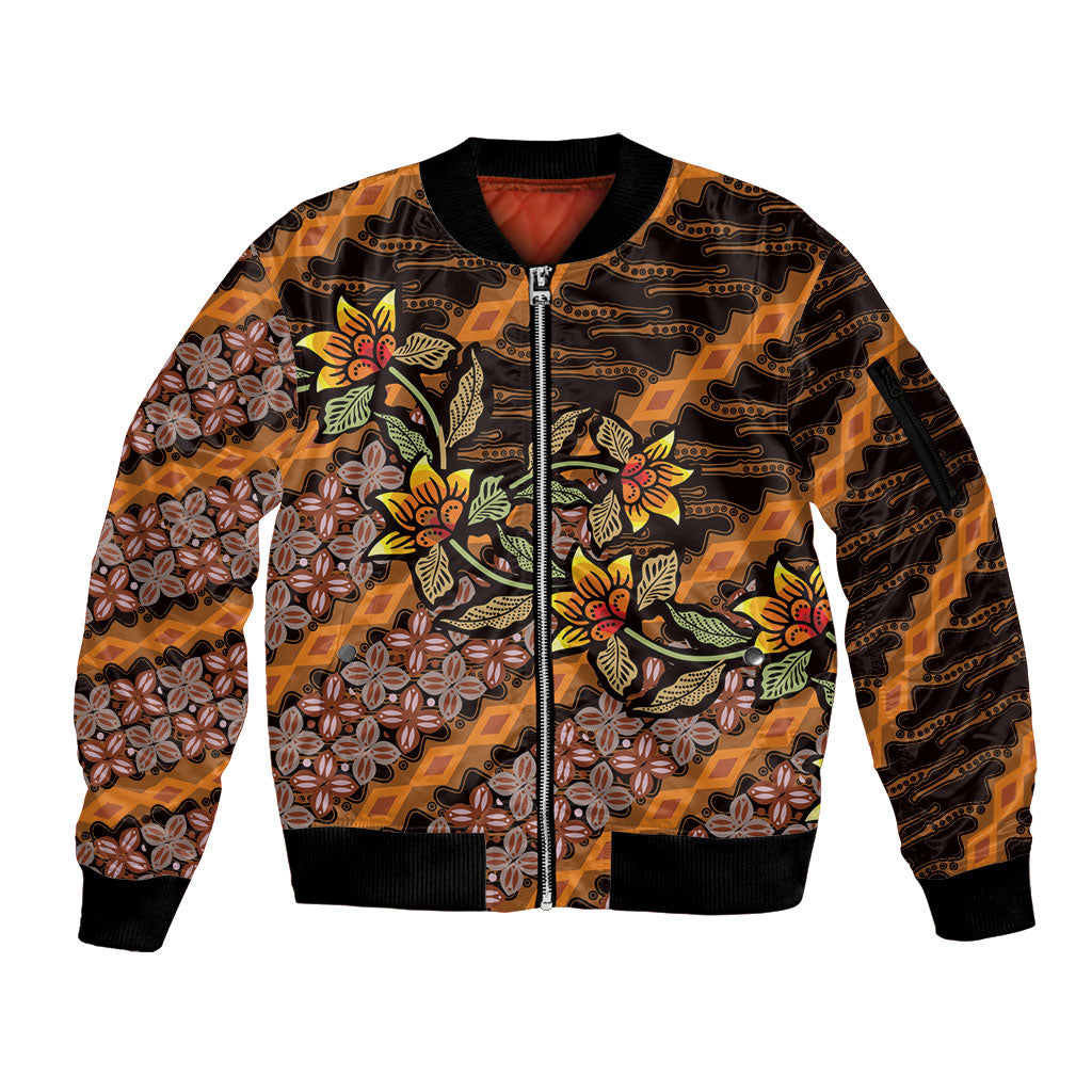 Indonesian Batik Motifs Pattern Floral Art Orange Sleeve Zip Bomber Jacket