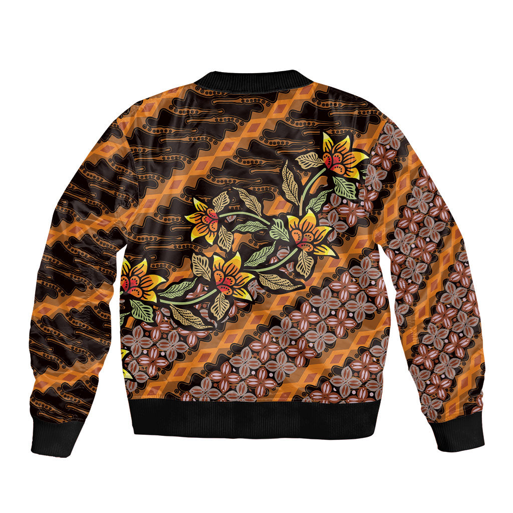 Indonesian Batik Motifs Pattern Floral Art Orange Sleeve Zip Bomber Jacket