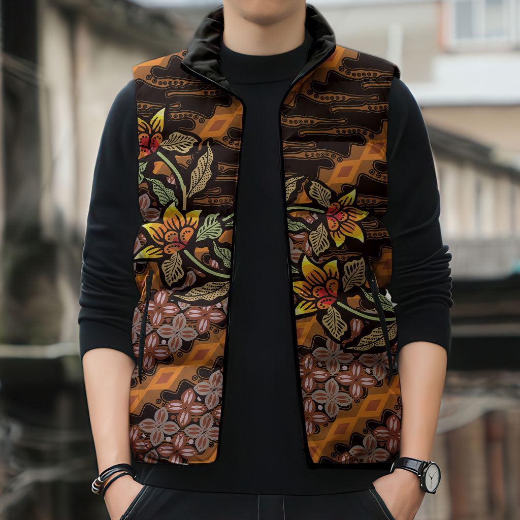 Indonesian Batik Motifs Pattern Floral Art Orange Sleeveless Puffer Jacket
