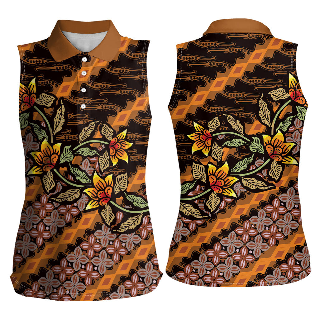 Indonesian Batik Motifs Pattern Floral Art Orange Women Sleeveless Polo Shirt