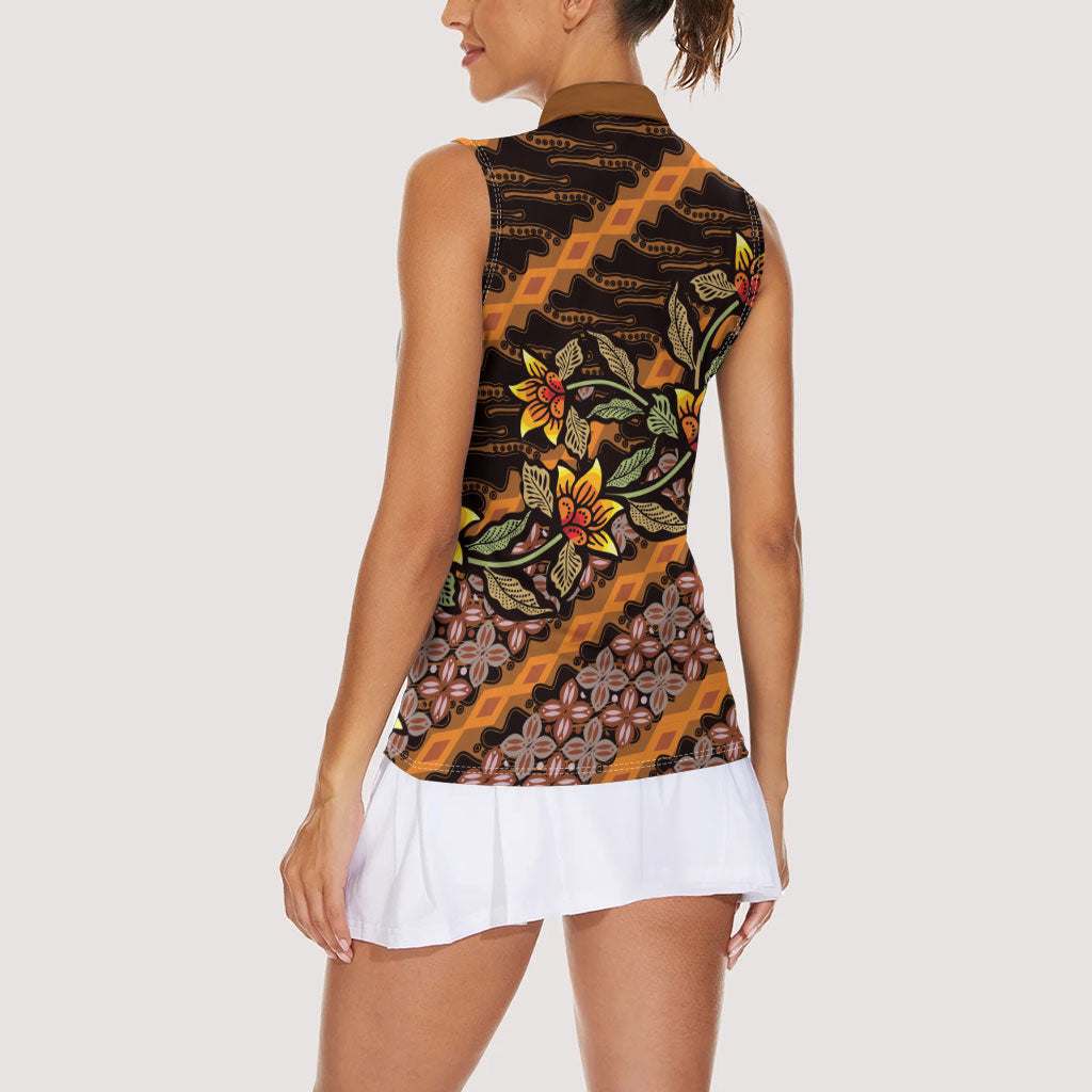 Indonesian Batik Motifs Pattern Floral Art Orange Women Sleeveless Polo Shirt