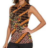 Indonesian Batik Motifs Pattern Floral Art Orange Women Sleeveless Polo Shirt