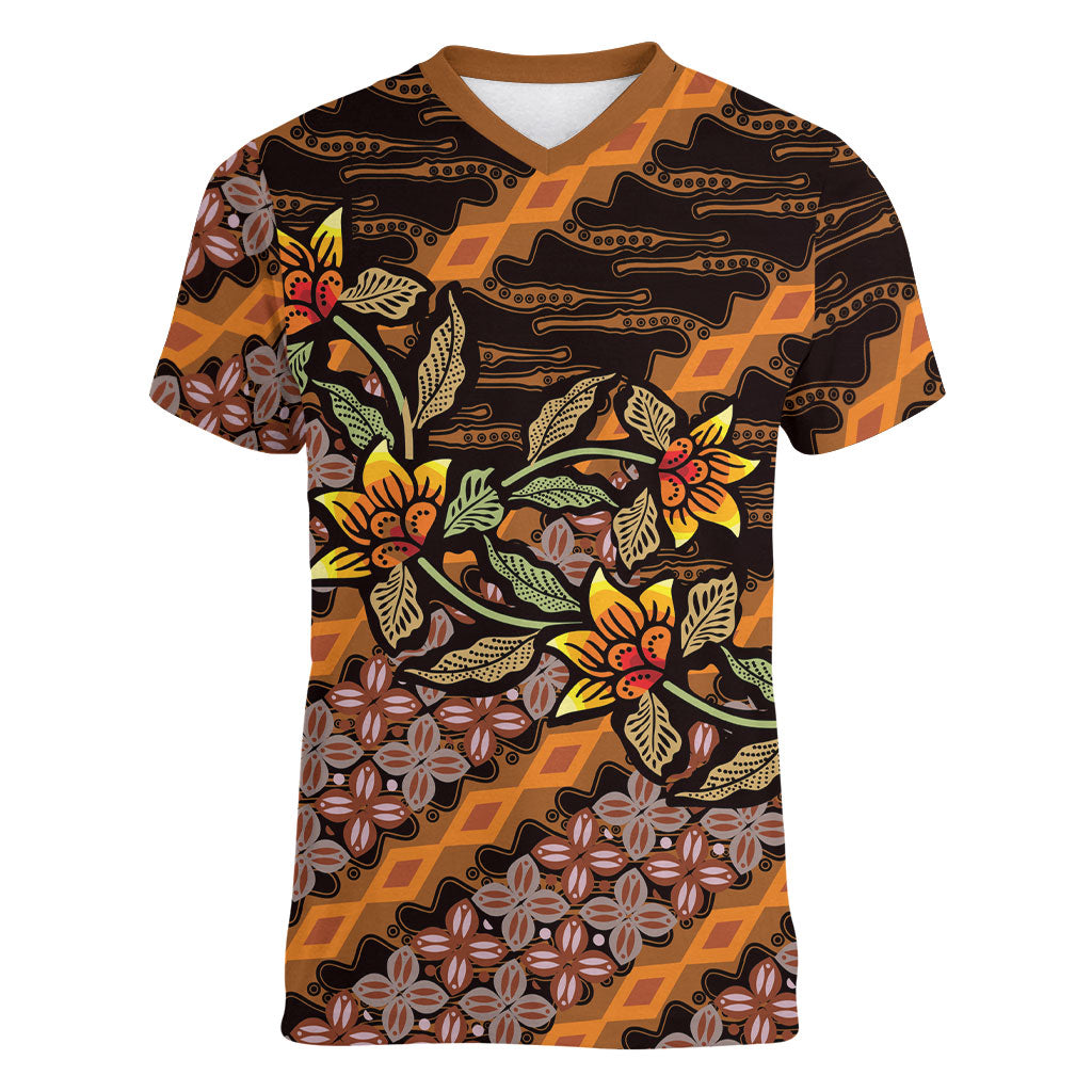 Indonesian Batik Motifs Pattern Floral Art Orange Women V-Neck T-Shirt