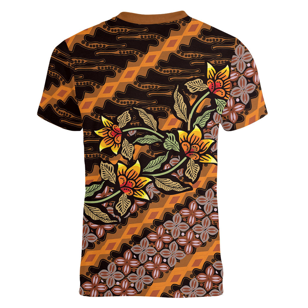 Indonesian Batik Motifs Pattern Floral Art Orange Women V-Neck T-Shirt