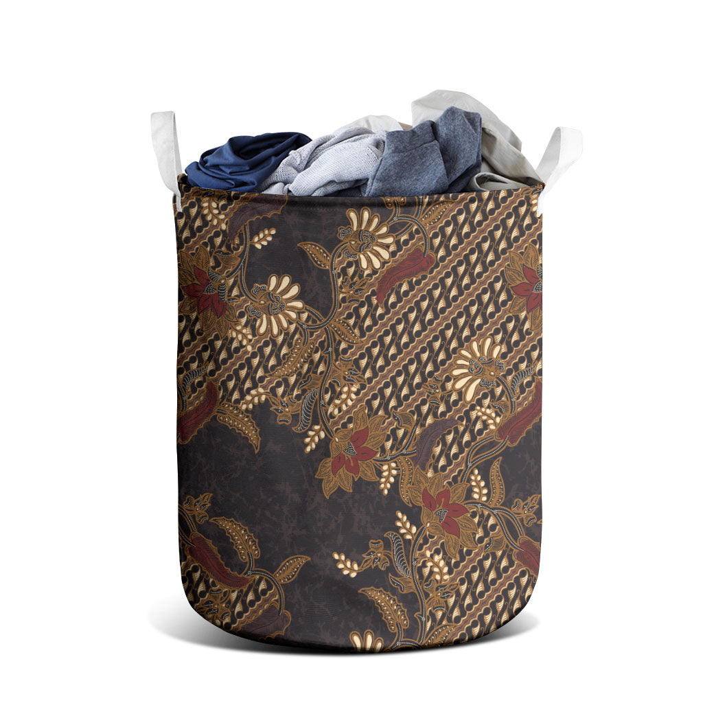Indonesian Parang Batik Laundry Basket Brown Gold Floral Pattern