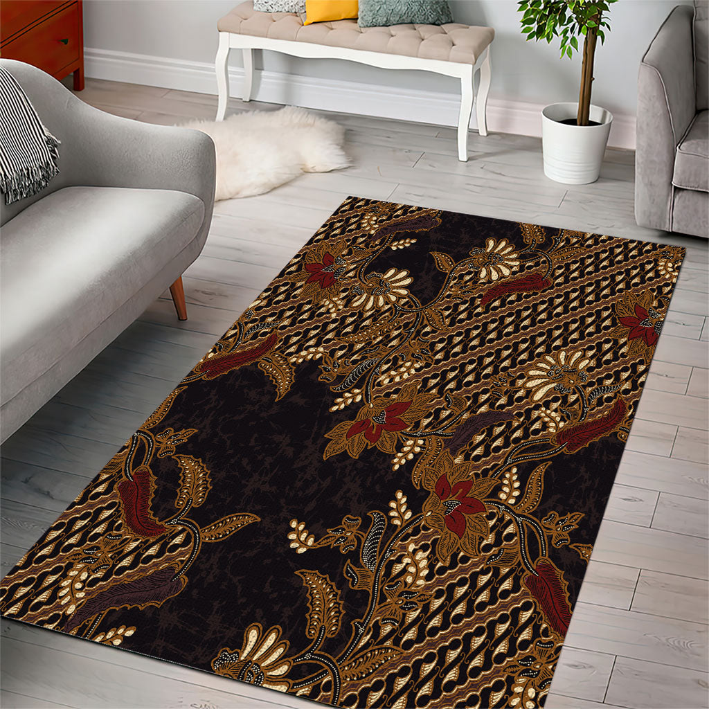 Indonesian Parang Batik Area Rug Brown Gold Floral Pattern