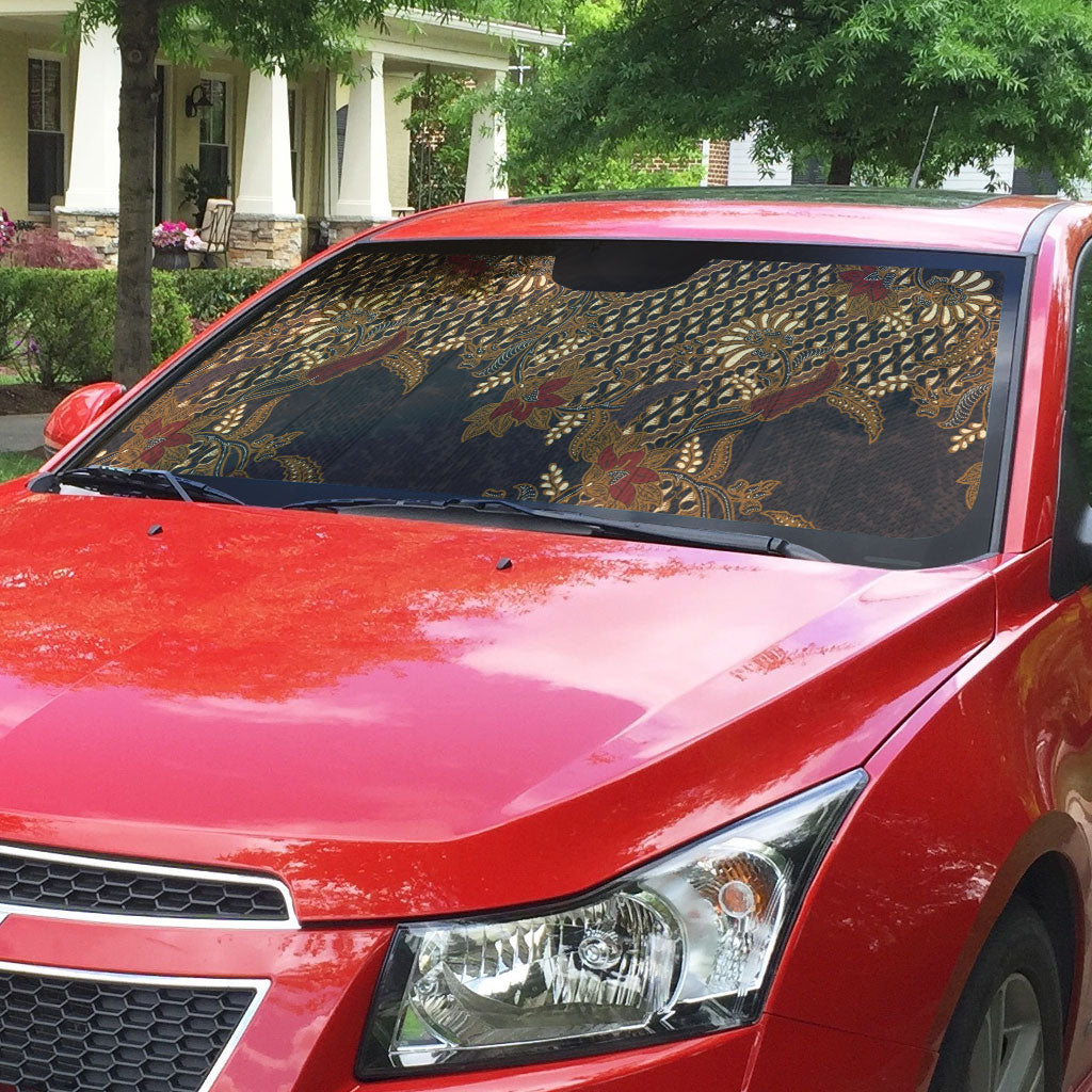 Indonesian Parang Batik Auto Sun Shade Brown Gold Floral Pattern