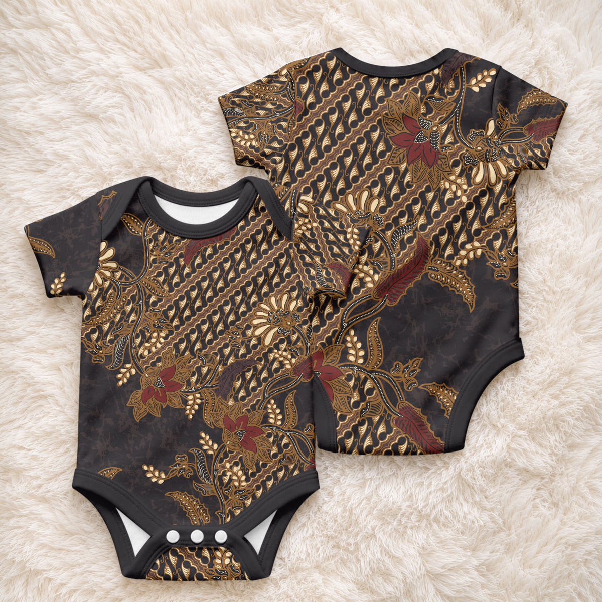 Indonesian Parang Batik Baby Onesie Brown Gold Floral Pattern