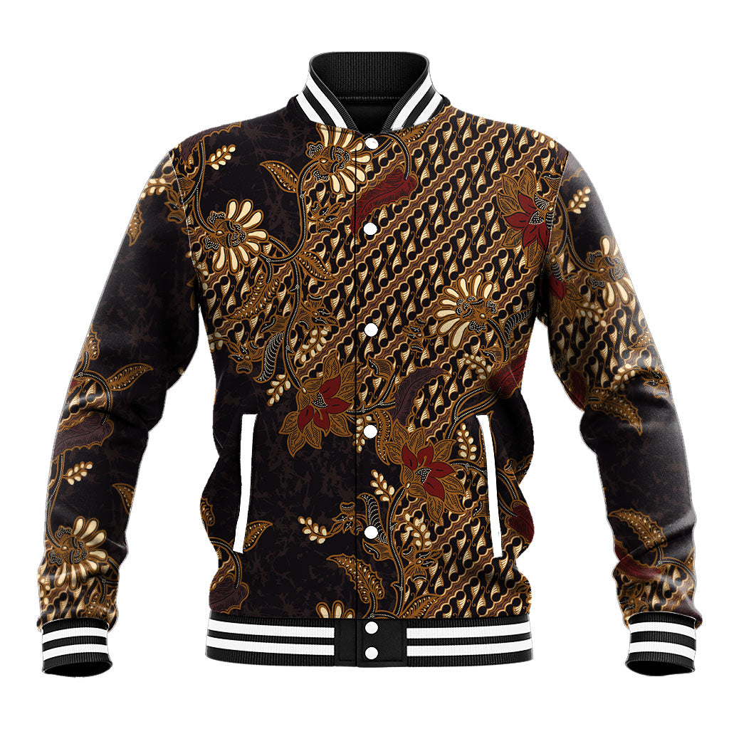 Indonesian Parang Batik Baseball Jacket Brown Gold Floral Pattern
