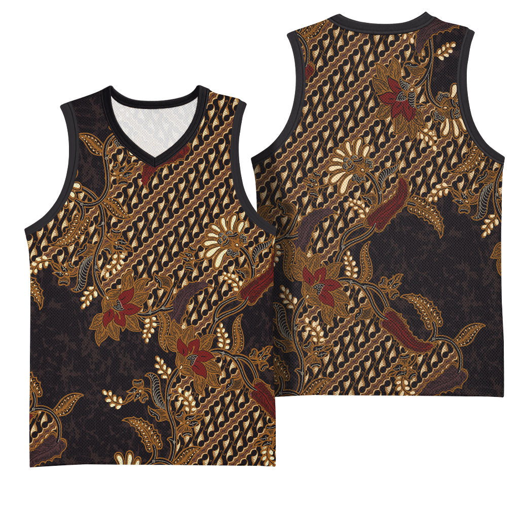 Indonesian Parang Batik Basketball Jersey Brown Gold Floral Pattern