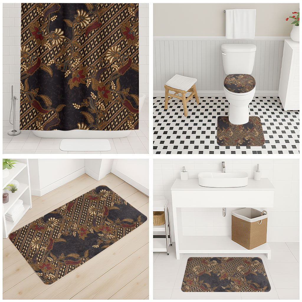 Indonesian Parang Batik Bathroom Set Brown Gold Floral Pattern