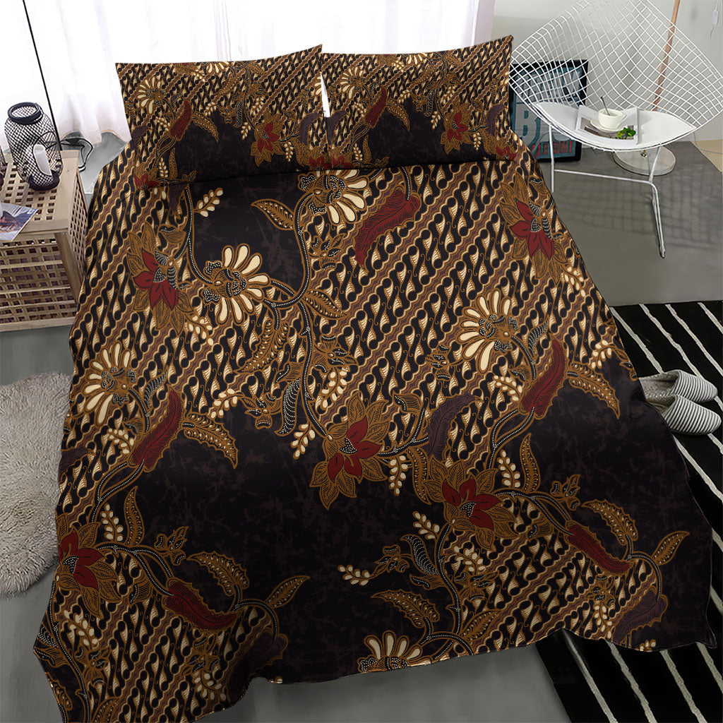 Indonesian Parang Batik Bedding Set Brown Gold Floral Pattern