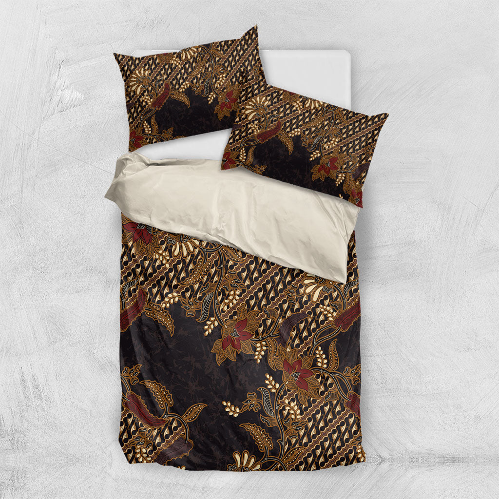 Indonesian Parang Batik Bedding Set Brown Gold Floral Pattern