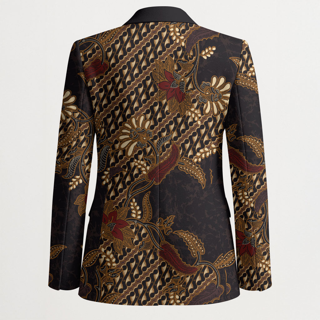 Indonesian Parang Batik Blazer Brown Gold Floral Pattern