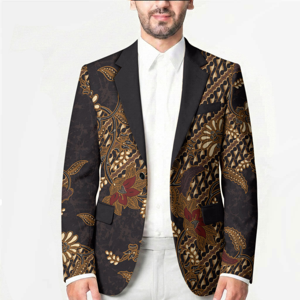 Indonesian Parang Batik Blazer Brown Gold Floral Pattern
