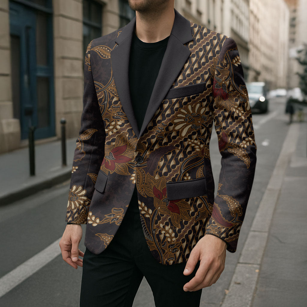 Indonesian Parang Batik Blazer Brown Gold Floral Pattern