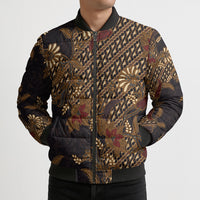 Indonesian Parang Batik Bomber Puffer Jacket Brown Gold Floral Pattern