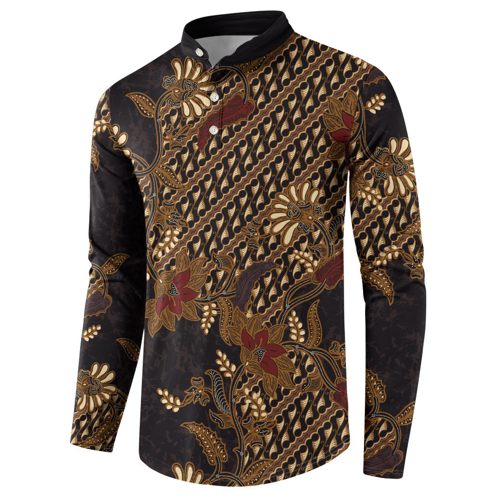 Indonesian Parang Batik Button Sweatshirt Brown Gold Floral Pattern