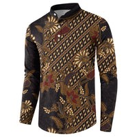 Indonesian Parang Batik Button Sweatshirt Brown Gold Floral Pattern